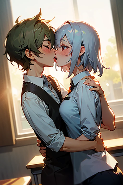 (masterpiece, best quality),
1girl, 1boy, hetero, sitting, upright straddle, (imminent kiss:1.6), (hug:1), pov,
face only,
(face focus:1.3),
extreme close up,

break, girl, 18 yo,  
short silver hair, 
beautiful detailed cutest eyes, 
eyeshadow, lips, anime girl, 
white collared shirt, 
tongue out, open mouth,

(torogao:1.3), nose blush, half-closed eyes, heavy breathing, 

break boy, grabbing another's breasts
break background classroom,
break backlighting,