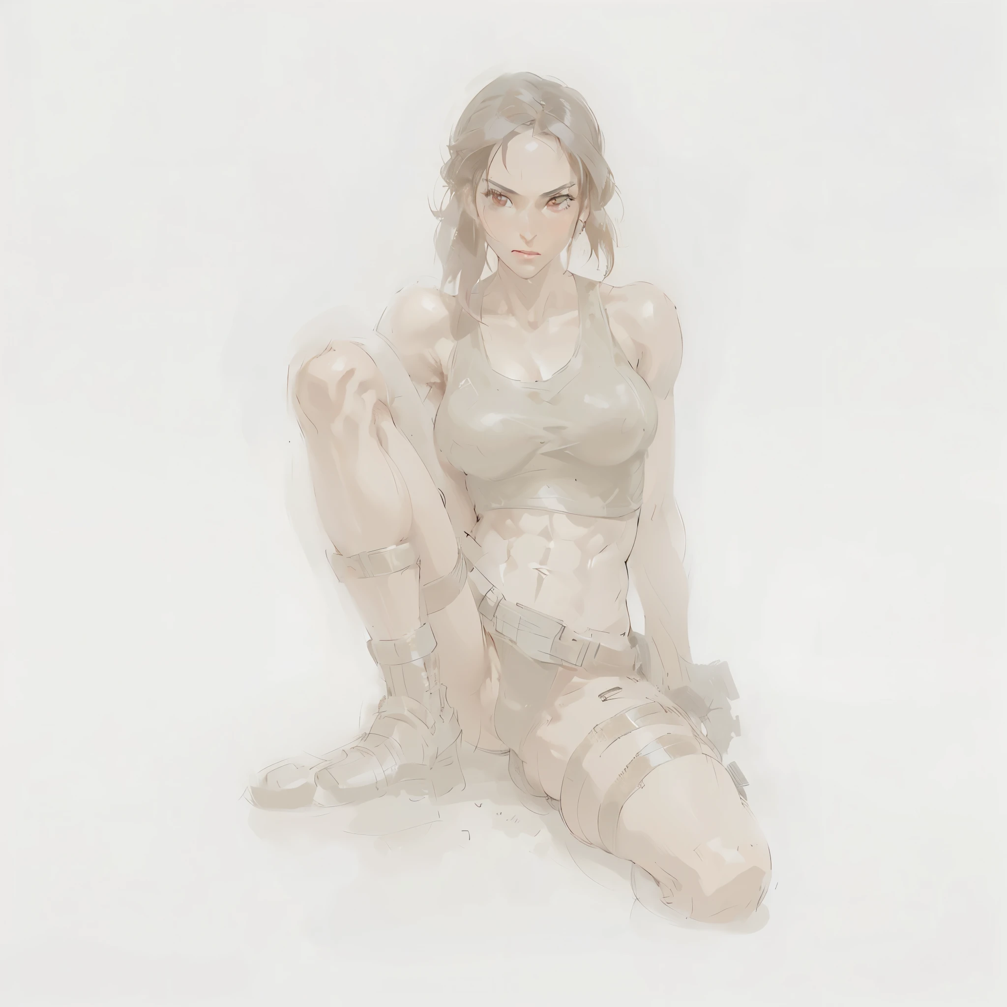 there is a woman sitting on the ground in the fog, lara croft relaxing, portrait of lara croft, tomb raider beautiful, lara croft, muscular sweat lara croft, lara croft eating durian, thinking pose, tomb raider setting, character is in her natural pose, hq artwork, tomb raider, quiet from metal gear solid, hd artwork, soft diffuse lighting