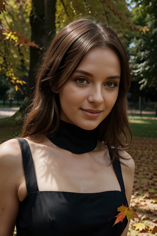 Schwarze, Schwarzes Modell, steht im Park in einem leuchtend orangefarbenen Sommerkleid, beautiful smile, mittlere Brust, Dekolleté, Weiche Pose 8k, ultra realistisch, langes schwarzes Haar, Blick auf den Betrachter, In autumn with orange and brown leaves.