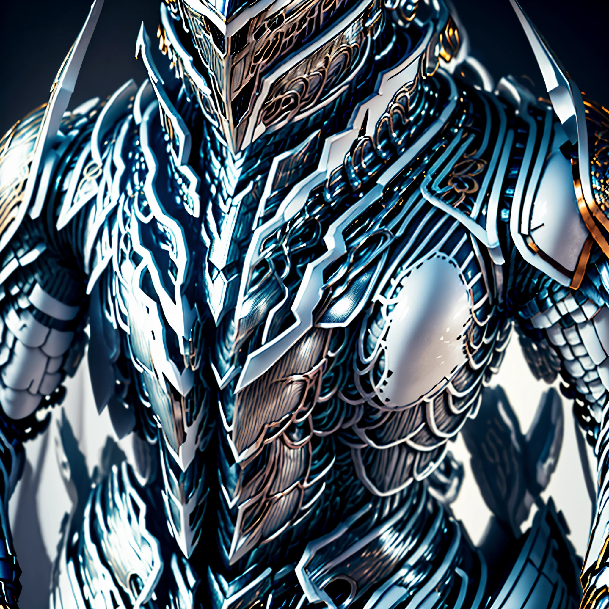 a close up of a silver and gold armor statue on a black background, intricate white and gold armor, ornate white and gold armour, heavy white and golden armor, futuristic armor, intricate cyborg armor, warrior platinum armor, stunning armor, white metal armor, silver and gold heavy armor, intricate fractal armor, intricate metal armor, porcelain cyborg armor, gold sci - fi armour