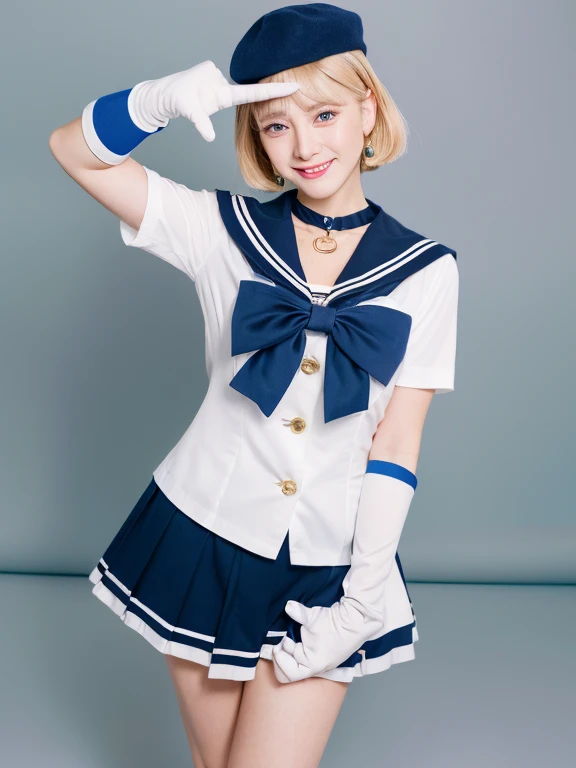 (United States Representative , masterpiece, best quality, high resolution, unity 8k wallpaper, beautiful detailed eyes, extremely detailed face, perfect lighting, extremely detailed CG, perfect hands, perfect anatomy sailor uranus, very short hair, blonde hair, blue eyes, tiara, blue sailor collar, sailor collar, blue choker, yellow bow, blue footwear, bow, brooch, choker, earrings, elbow gloves, gloves, heart, heart brooch, sailor collar, skirt, pleated skirt, sailor collar, sailor senshi uniform, skirt, stud earrings, white gloves smiling, twinkle in the eyes, hero pose, straight legs to sides, V fingers,sailor uranus , cleavage,