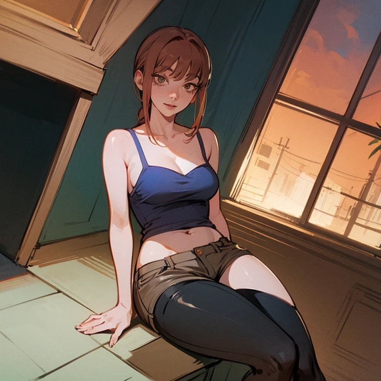 una joven de 20 años sitting en el armchair de su casa tiene calor, 1 girl, medium breasts, BROWN SKIN, Alone, black fur, updo hair, red sleeveless shirt, black unbuttoned denim shorts, unbuckled belt, view of underwear, sighing, hand on chest, sitting, armchair, sitting en el armchair, barefoot