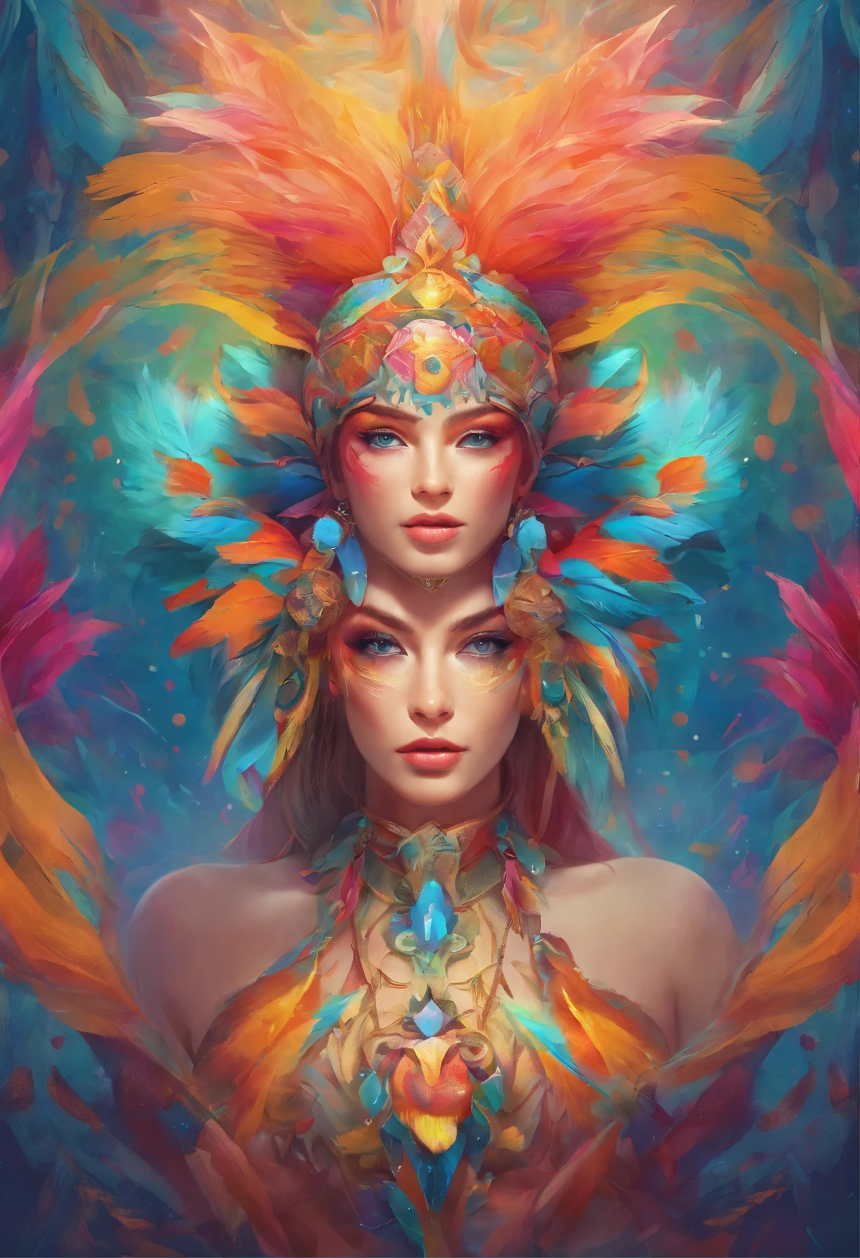 a woman with bright makeup and colorful hair with feathers on her head, vibrant digital painting, colorful digital painting, vibrant fantasy style, colorfull digital fantasy art, color photograph portrait 4k, symmetrical painted face, colorful photo, doja cat, vivid psychedelic colors, beautiful digital artwork, jen bartel, unreal engine : : rave makeup, vibrant fan art, 360 view, Fujifilm, Wide-Angle, first-person view, wide shot, viewfinder, polar opposites, rotational symmetry, projected inset, reflection light, optical illusion, UHD, masterpiece, textured skin, 8k