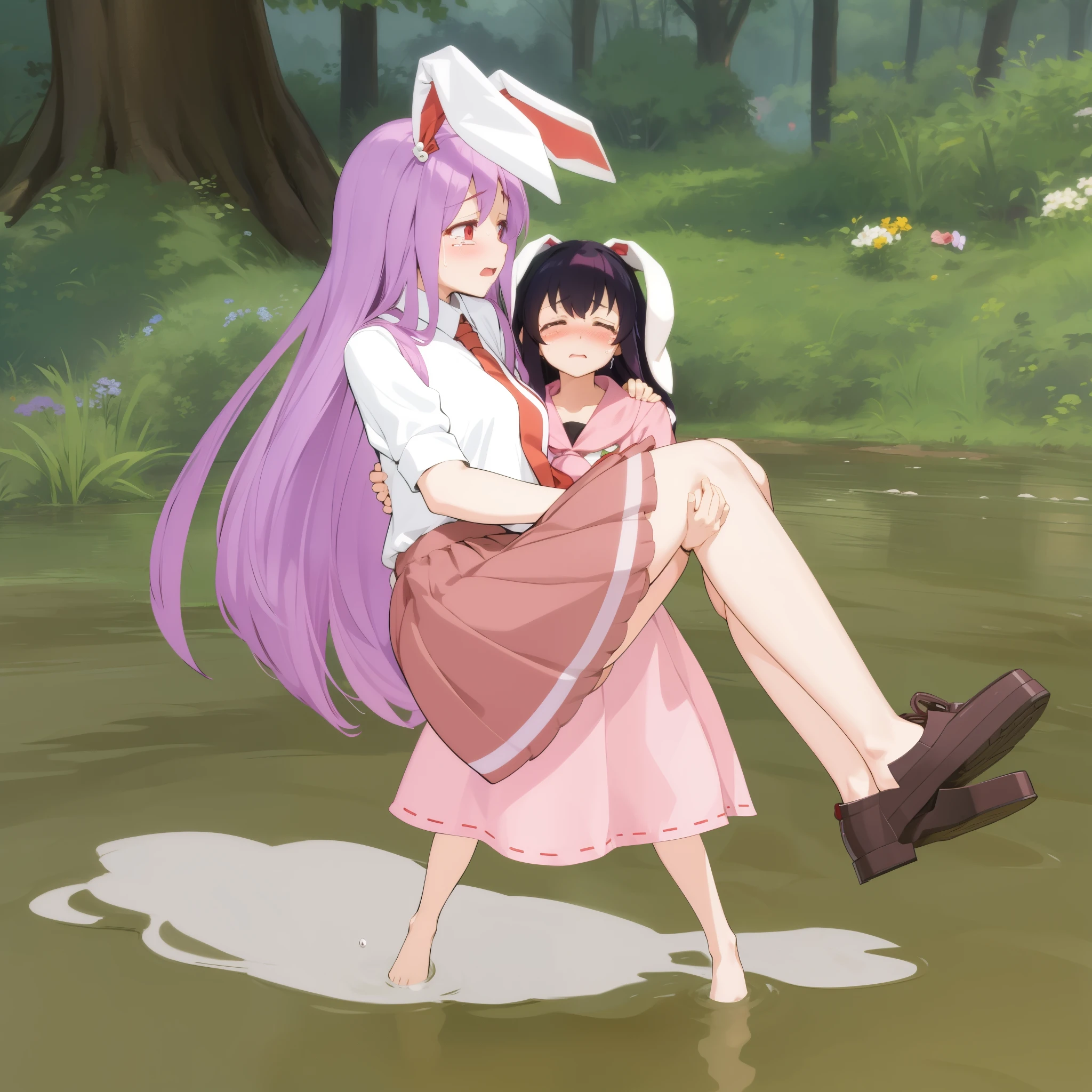 princess carry, size difference, crying, struggling, exhausted, pain, reisen udogein inaba, tewi inaba