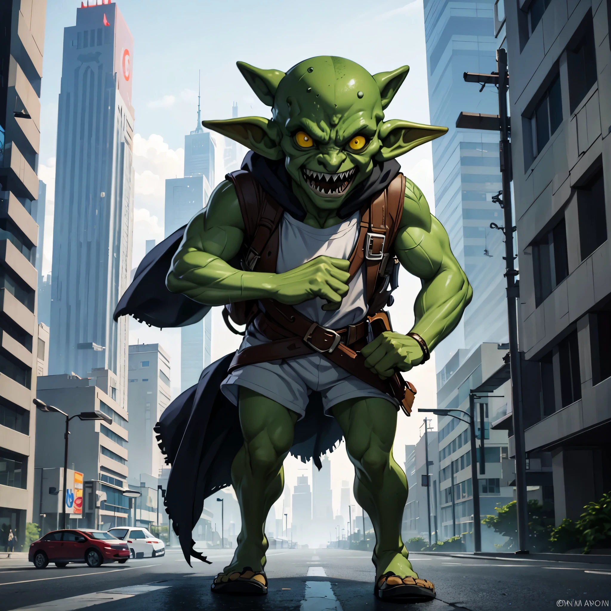 many goblins (goblin, green skin, pointy ears, sharp teeth, dressed in rags), invading a cyber punk city, smashing cars, attacking everything, breaking windows, running everywhere