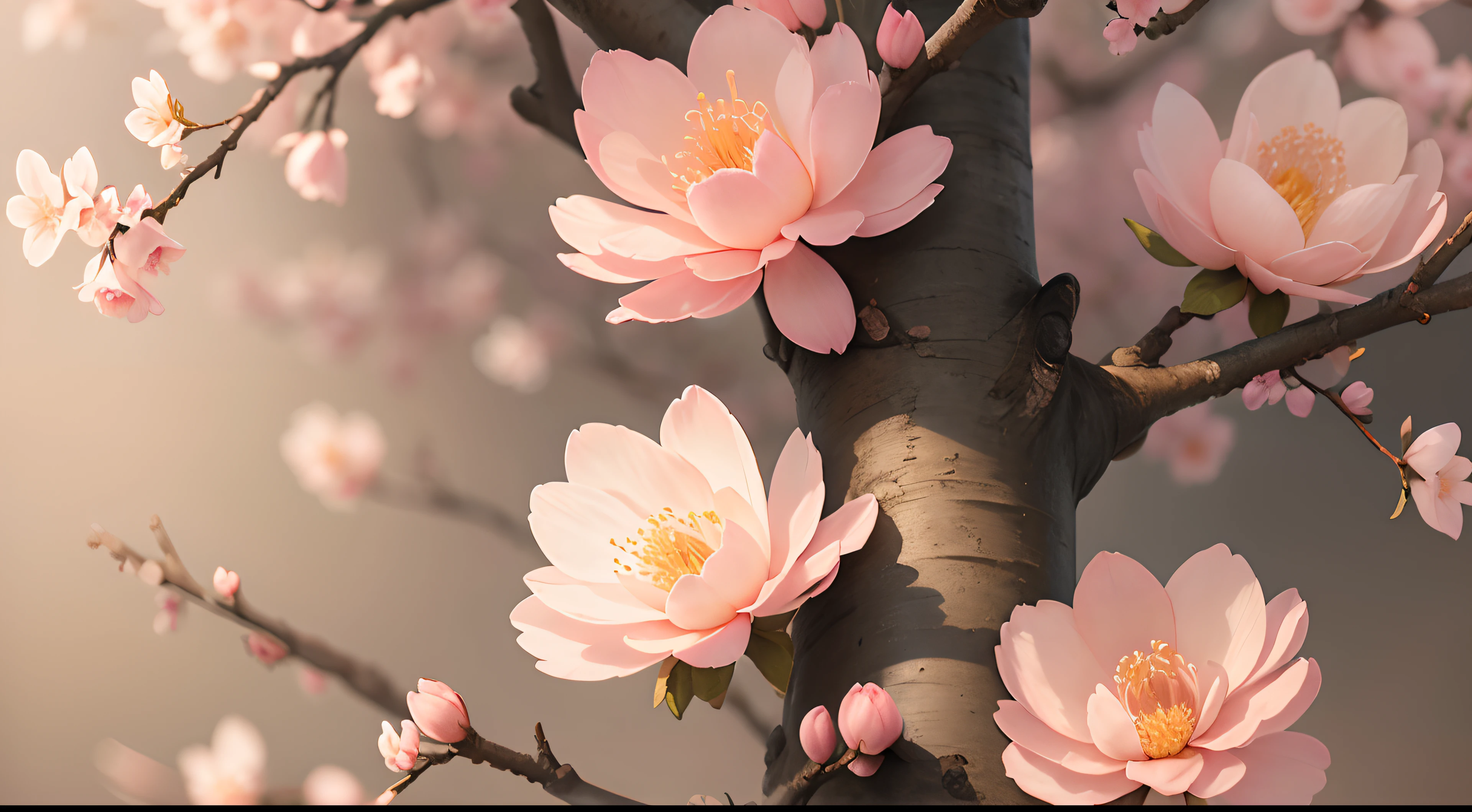 A beautiful peach tree, delicate pink petals, blooming in a vast garden, Sunlight shines through the branches, The breeze rustles the leaves, Peaceful and peaceful atmosphere, Real and vivid description, high res render, Detailed textures and delicate brushstrokes, vivd colour, soft ethereal lighting, Capturing the essence of spring, floral masterpiece.