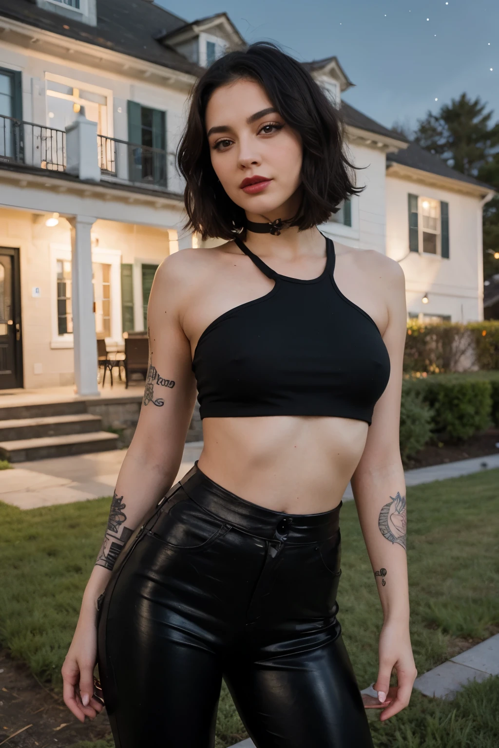 Beautiful girl, short black hair, black eyes and eyebrows, arched eyebrows, full lips, pale red lipstick, mascara, pink blush, black eye shadow, relatively tall, black top, tight black leather pants, tattoo on the stomach, facing the camera, in the yard of a big house, starry night