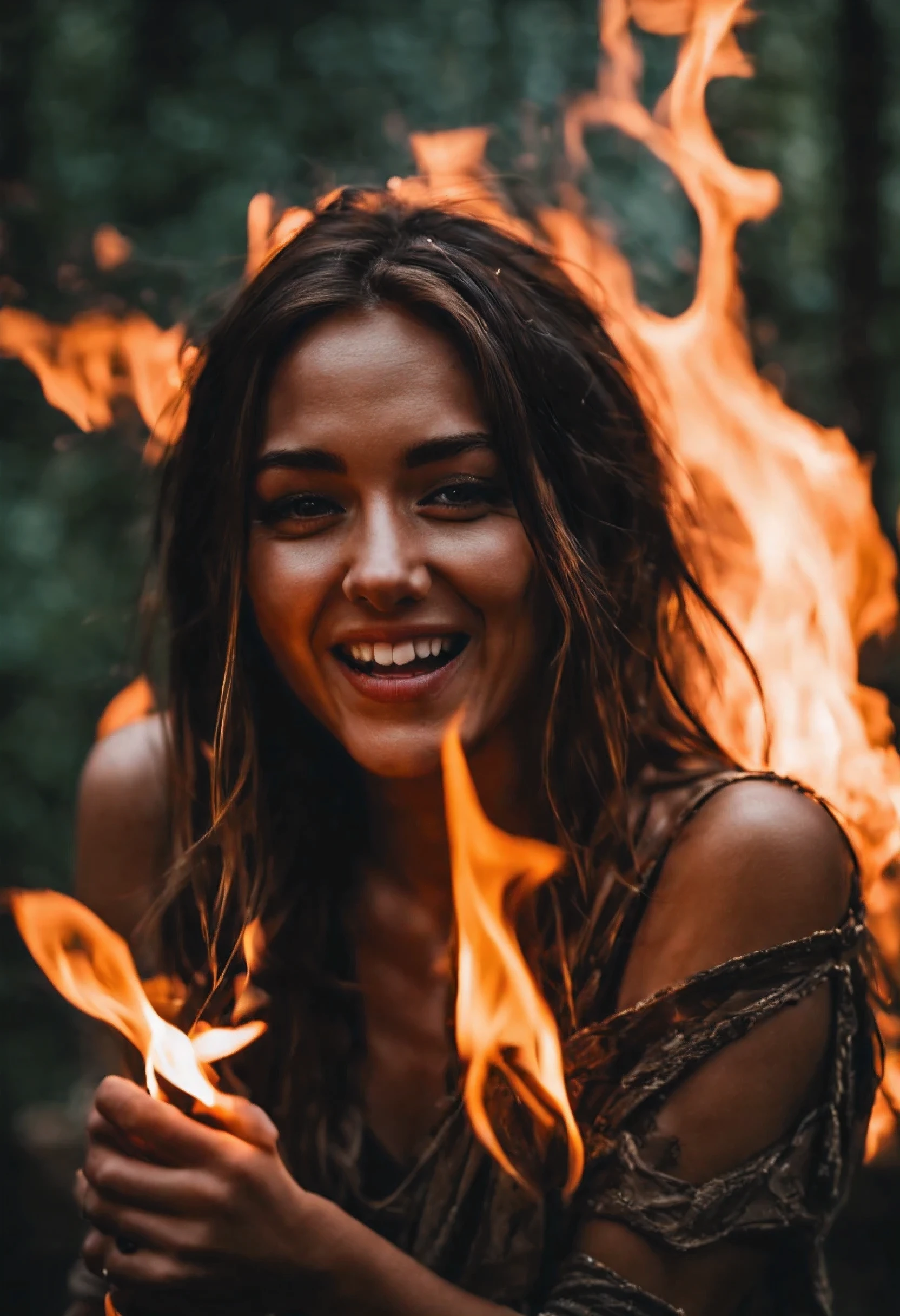 girl burning in burning fire, dark jungle, poker face, happy cry, standing, super cinematic, heavy bokeh, perfect image, perfect face, perfect hand