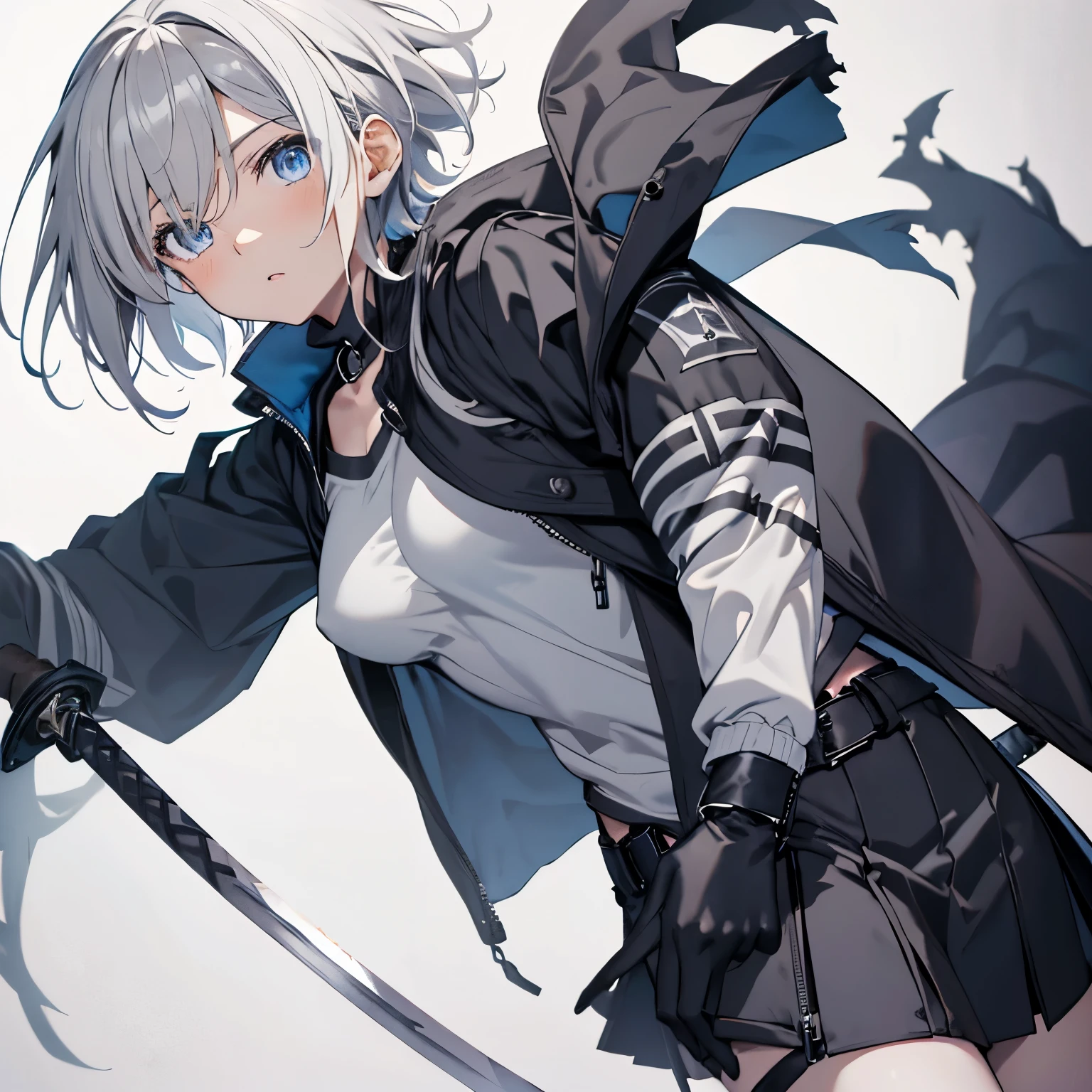 【Highest Quality, masutepiece】 [1girl, Manteau, expressioness, front facing, (glay hair:1.5),straight haired, (short cut hair:1.4),(blue eyes:1.3), oversized black jacket, black skirt, Jacket is taken off, big breast,Upper body] (Gray white background:1.5),wood katana,