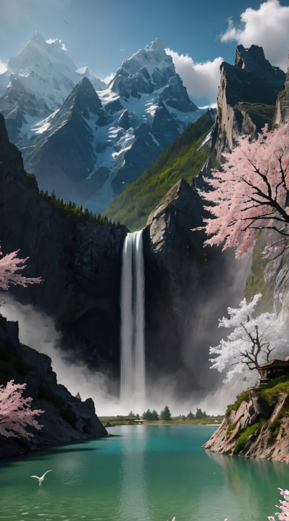masterpiece, best quality, high quality, extremely detailed CG unity 8k 16:9 wallpaper, scenery, outdoors, sky, cloud, day, no humans, mountain, small birds , lily lake,landscape, water, cherry trees, blue sky, high waterfall, high cliff, nature, lake, river, cloudy sky,award winning photography, Bokeh, Depth of Field, HDR, bloom, Chromatic Aberration ,Photorealistic,extremely detailed, trending on artstation, trending on CGsociety, Intricate, High Detail, dramatic, art by midjourney