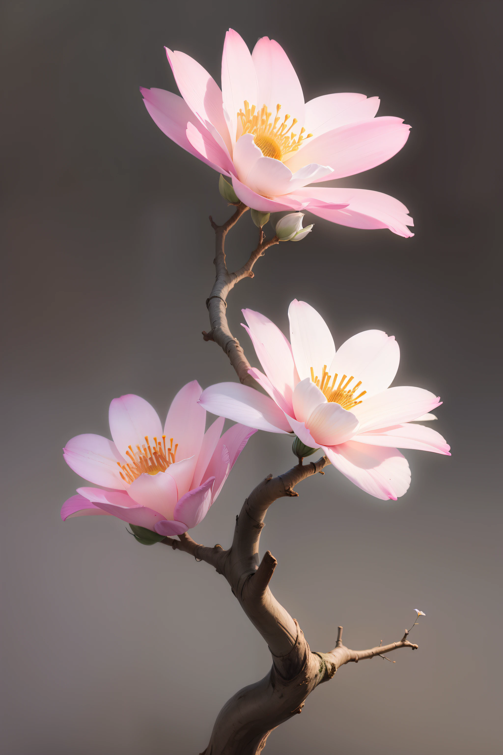 High quality blooming flowers on rough branches on gray background, light style background