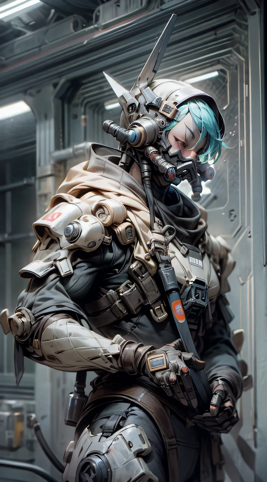 top-quality、Top image quality、masterpiece、One character((Combat Armor、black full face mask,Black spacesuit、gas masks、right hand chain、crowbar in left hand、well-muscled、Green glowing body line、bulletproof vest、fighting poses)),hiquality、Beautiful Art、Background with((Inside the spacecraft、dark ilumination、Dark smoke、broken cable))、masutepiece、Elaborate design、visualart、Perfect Art、Horror movie style、large amounts of isomers