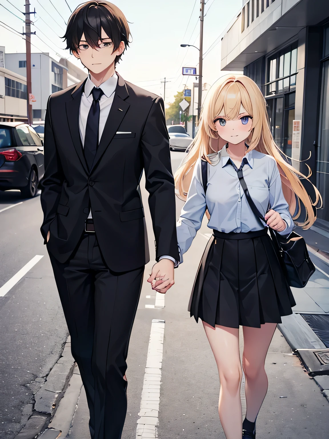 1,man and woman walking hand in hand.
2, The woman is a delinquent high school student., Long Blond Hair, Mini skirt, No glasses.
3,The man is a teacher with shaggy black hair and a suit..
4,The location is on the way to school.