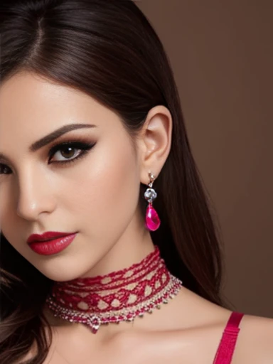 Lebanese lady, diamond dangling earrings, necklace, bracelets, small breasts, 40 years old, smokey eyes, cleavages, lace pink bra, red lips, bondage
