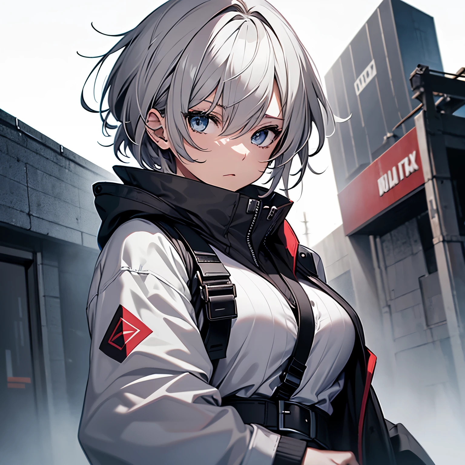 【Highest Quality, masutepiece】 [1girl, Manteau, expressioness, front facing, (glay hair:1.5),straight haired, (short cut hair:1.4),(blue eyes:1.3), oversized black jacket, black skirt, Jacket is taken off, big breast,Upper body] (Gray white background:1.5),wood katana,