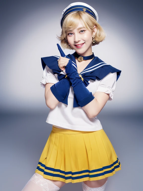 (United States Representative , masterpiece, best quality, high resolution, unity 8k wallpaper, beautiful detailed eyes, extremely detailed face, perfect lighting, extremely detailed CG, perfect hands, perfect anatomy sailor uranus, very short hair, blonde hair, blue eyes, tiara, blue sailor collar, sailor collar, blue choker, yellow bow, blue footwear, bow, brooch, choker, earrings, elbow gloves, gloves, heart, heart brooch, sailor collar, skirt, pleated skirt, sailor collar, sailor senshi uniform, skirt, stud earrings, white gloves smiling, twinkle in the eyes, hero pose, straight legs to sides, V fingers,sailor uranus , cleavage,