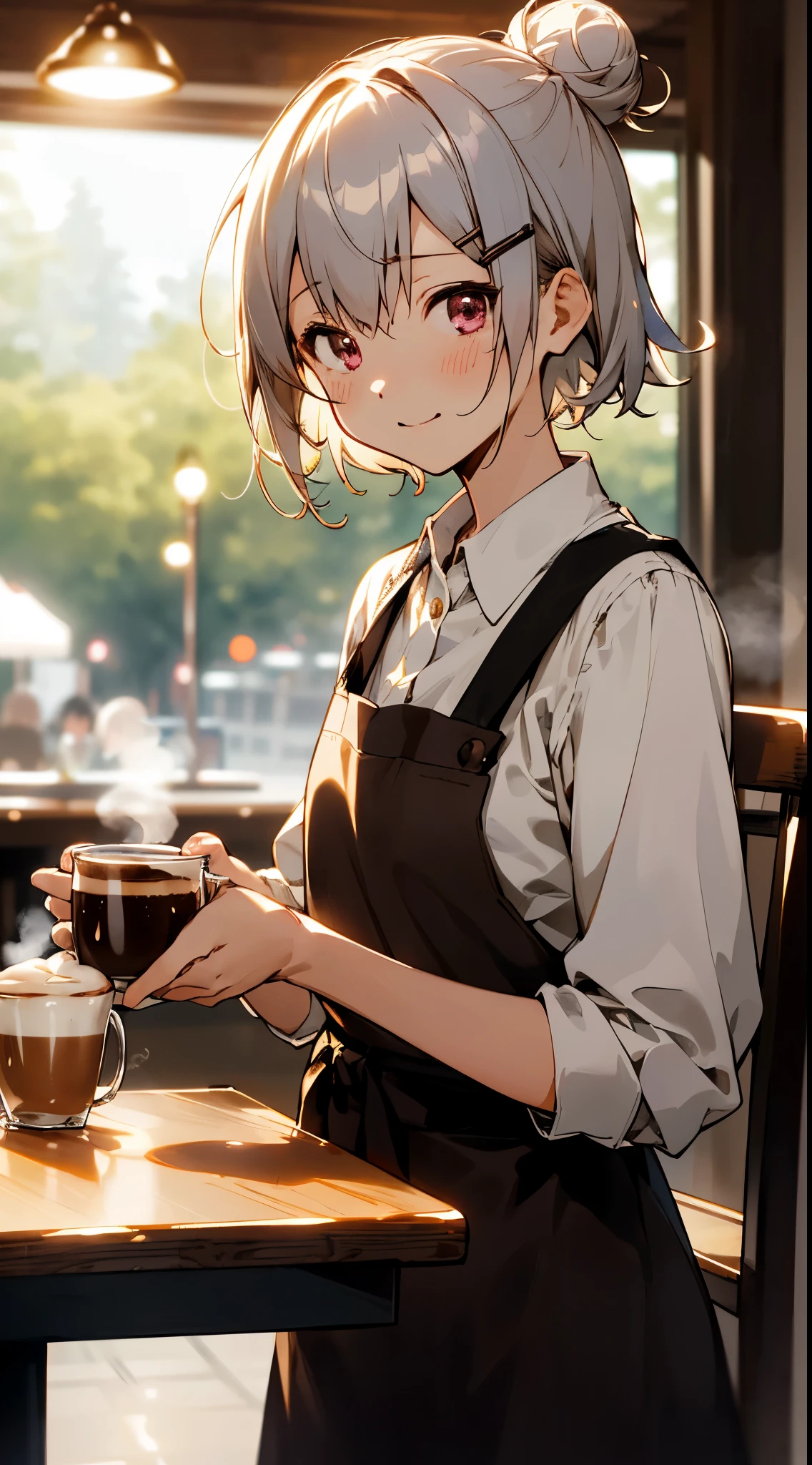 (masutepiece), Best Quality,  Girl working in a coffee shop, CoffeeーマシンでCoffeeーを淹れている, Coffee , Perfect face, Expressive eyes, Brown Apron, Coffee shop from inside, Short hairstyle with silver hair and bob, Hair tied in a bun with a hair clip, Pink eyes, Cute little girl s、A slight smil、Laugh, Cozy, (Night), Realistic, 4K, Flowers in a vase,  Perfect Lighting, Traced light, Warm colors, Table chairs, Everyday life, Modern, Elegant, (relax vibe), White shirt, barista, Soft,  humble,Delicate, Gentle, Night, Contrasty, Vivid colors, Bokeh, (完璧なCoffeeーマシン), state, (Soft), 彼女はCoffeeーを飲んで休憩, There is a table with a cup on the left hand, テーブルの上にはCoffeeーマシンがあります, Steam is coming out of the cup, 美味しいCoffeeー