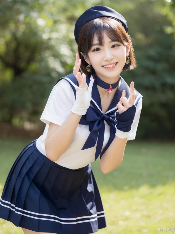(United States Representative ,  masterpiece, best quality, high resolution, unity 8k wallpaper, beautiful detailed eyes, extremely detailed face, perfect lighting, extremely detailed CG, perfect hands, perfect anatomy sailor uranus, very short hair, blonde hair, blue eyes, tiara, blue sailor collar, sailor collar, blue choker, yellow bow, blue footwear, bow, brooch, choker, earrings, elbow gloves, gloves, heart, heart brooch, sailor collar, skirt, pleated skirt, sailor collar, sailor senshi uniform, skirt, stud earrings, white gloves smiling, twinkle in the eyes, hero pose, straight legs to sides, V fingers,sailor uranus , cleavage,