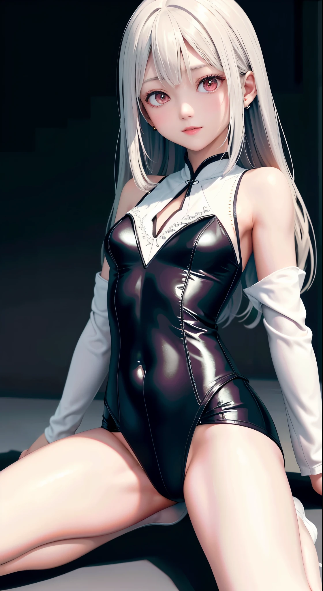optimum,tmasterpiece,hight resolution,best qualtiy,hyper HD,Spread legs,Show white panties,super detailing,awardwinning,16 K,独奏,(The upper part of the body),Raw feet、White panty、anatomy correct,Beautiful cyberpunk girl,cute face,,Gradient Beige Hair,Hairline,((scarlet eyes)),long eyelasher,Hanging eye corners,White skin of the,(small tit),(Slim body),((Women's Super Short Shawl Leather Jacket)),((Racing_Suit)),((High-Low_long skirt)),Ear studs,(lanyard),(Laser material clothing:1.2)
