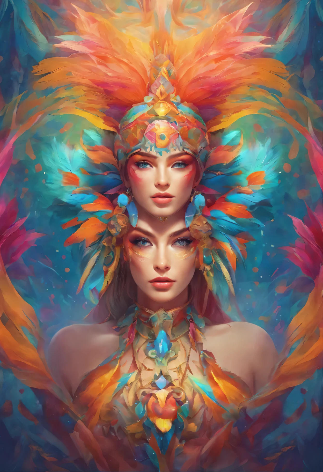 a woman with bright makeup and colorful hair with feathers on her head, vibrant digital painting, colorful digital painting, vibrant fantasy style, colorfull digital fantasy art, color photograph portrait 4k, symmetrical painted face, colorful photo, doja cat, vivid psychedelic colors, beautiful digital artwork, jen bartel, unreal engine : : rave makeup, vibrant fan art, 360 view, Fujifilm, Wide-Angle, first-person view, wide shot, viewfinder, polar opposites, rotational symmetry, projected inset, reflection light, optical illusion, UHD, masterpiece, textured skin, 8k