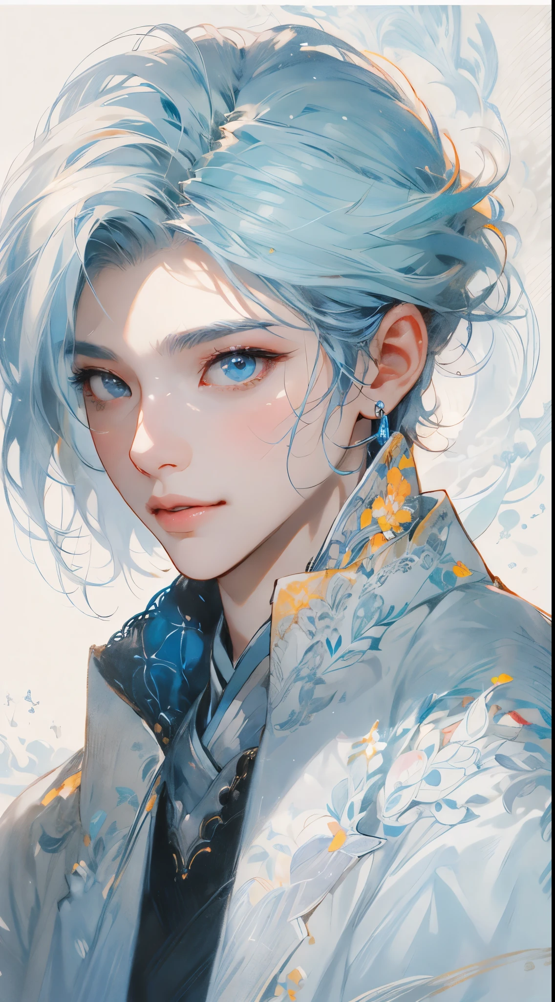 1男性,Close-up portrait of individual face (((inquirer))), smooth soft skin, magical big eyes, Symmetrical, Blue-gray hair, Short hair details。gentlesoftlighting, Detailed faces, author:Xinhai is sincere, Stanley Liu, ample, Ross Drawing, concept-art, digitial painting, looking at the camera in