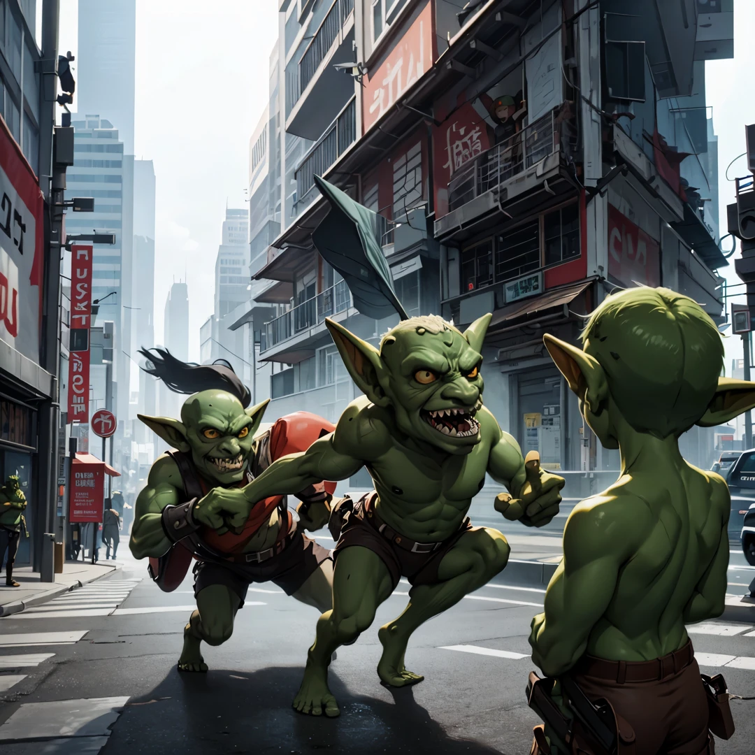 many goblins (goblin, green skin, pointy ears, sharp teeth, dressed in rags), invading a cyber punk city, smashing cars, attacking everything, breaking windows, running everywhere