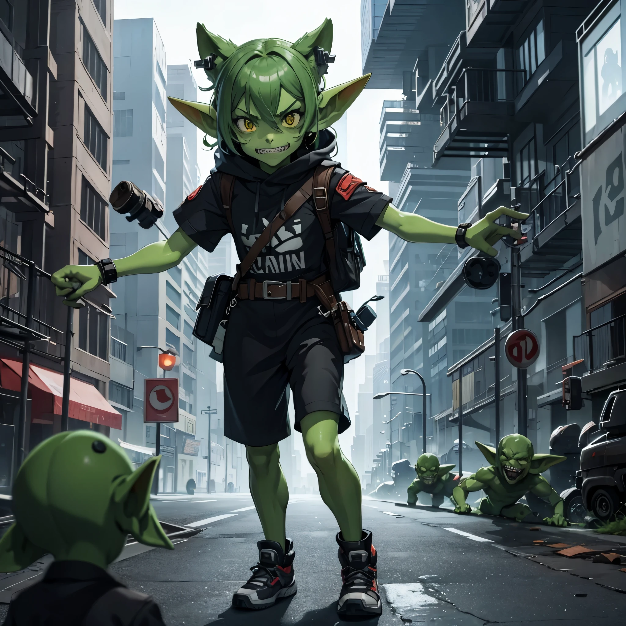 many goblins (goblin, green skin, pointy ears, sharp teeth, dressed in rags), invading a cyber punk city, smashing cars, attacking everything, breaking windows, running everywhere