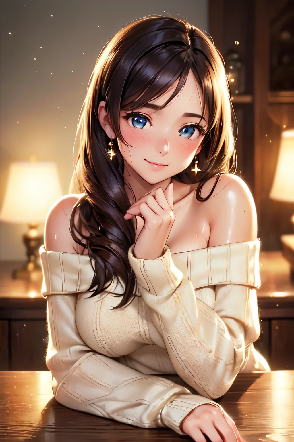 (High quality, High resolution, Fine details), Realistic, cozy setting, women with elegant style, (beautiful detailed off-shoulder sweater:1.2), solo, curvy women, long hair, sparkling eyes, (Detailed eyes:1.2), smile, blush, Sweat, Oily skin, shallow depth of field, natural lighting, soft-focus, dreamlike atmosphere, soft and warm texture, bokeh effect