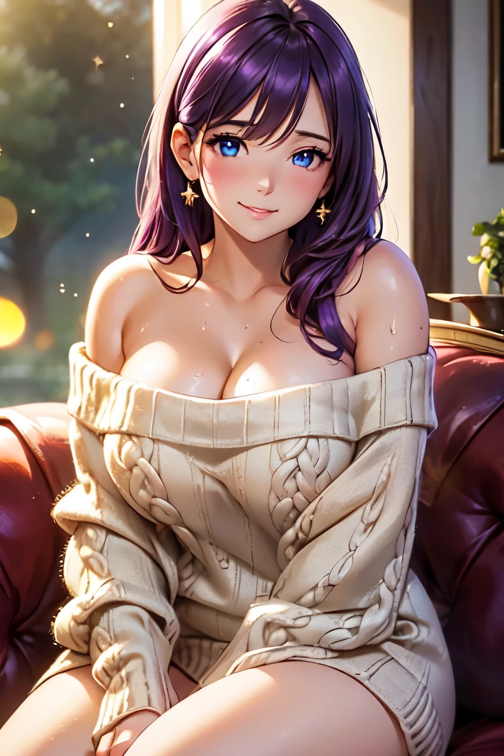 (High quality, High resolution, Fine details), Realistic, cozy setting, women with elegant style, (beautiful detailed off-shoulder sweater:1.2), solo, curvy women, purple hair, long hair, sparkling eyes, (Detailed eyes:1.2), smile, blush, Sweat, Oily skin, shallow depth of field, natural lighting, soft-focus, dreamlike atmosphere, soft and warm texture, bokeh effect