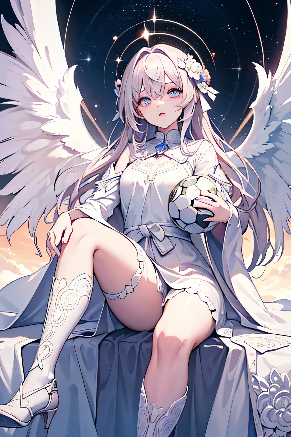 ((RAW photos)), ((tmasterpiece)), Anthropomorphic humanoid angel girl wearing white noble robe, Complicated details, soccer ball, Complex works by Gribors, The sky behind, Pink, Beautiful wings, Detailed eyes and lips