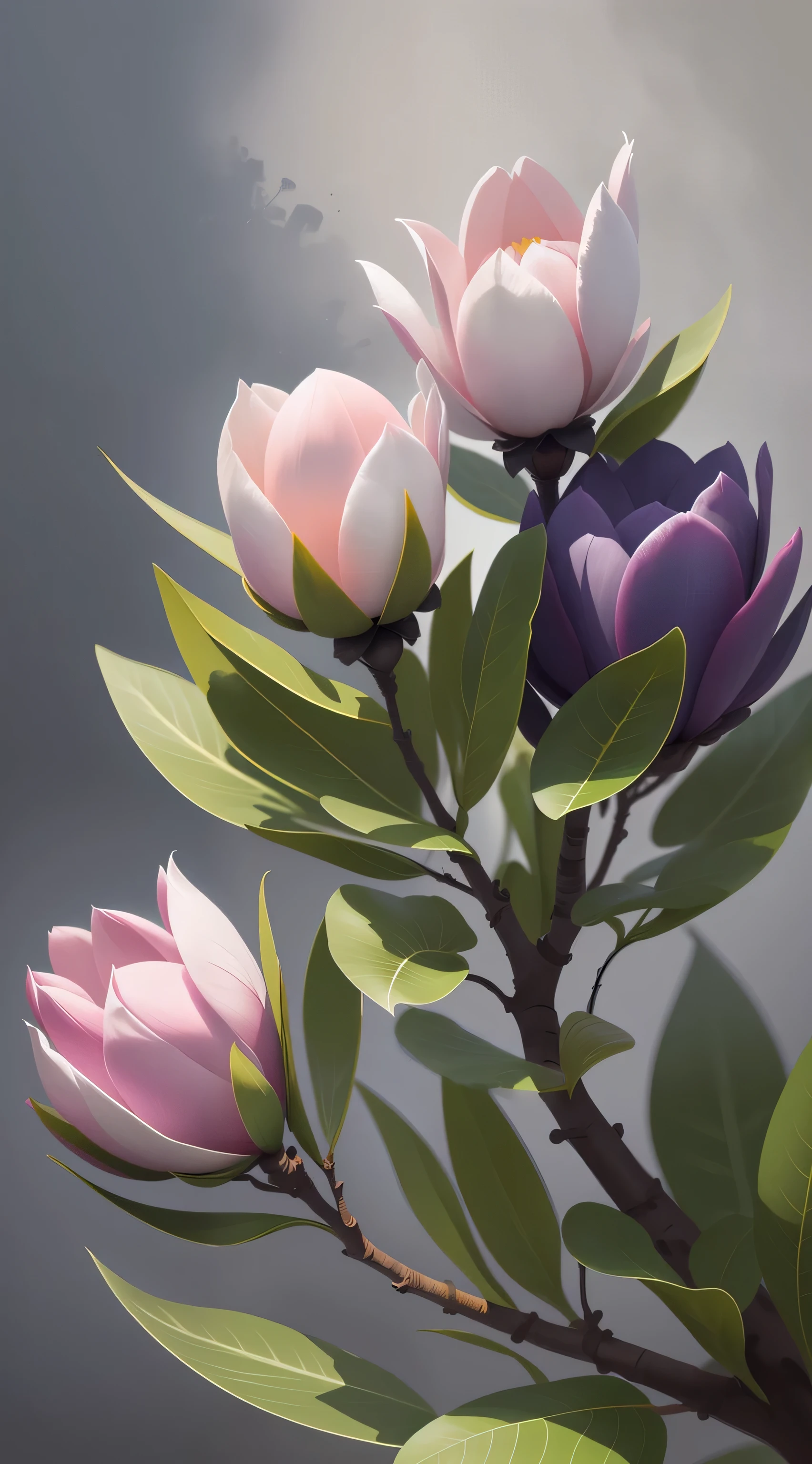 high quality flower blooming on a gnarled branch against a grey background,simple background in the style of light