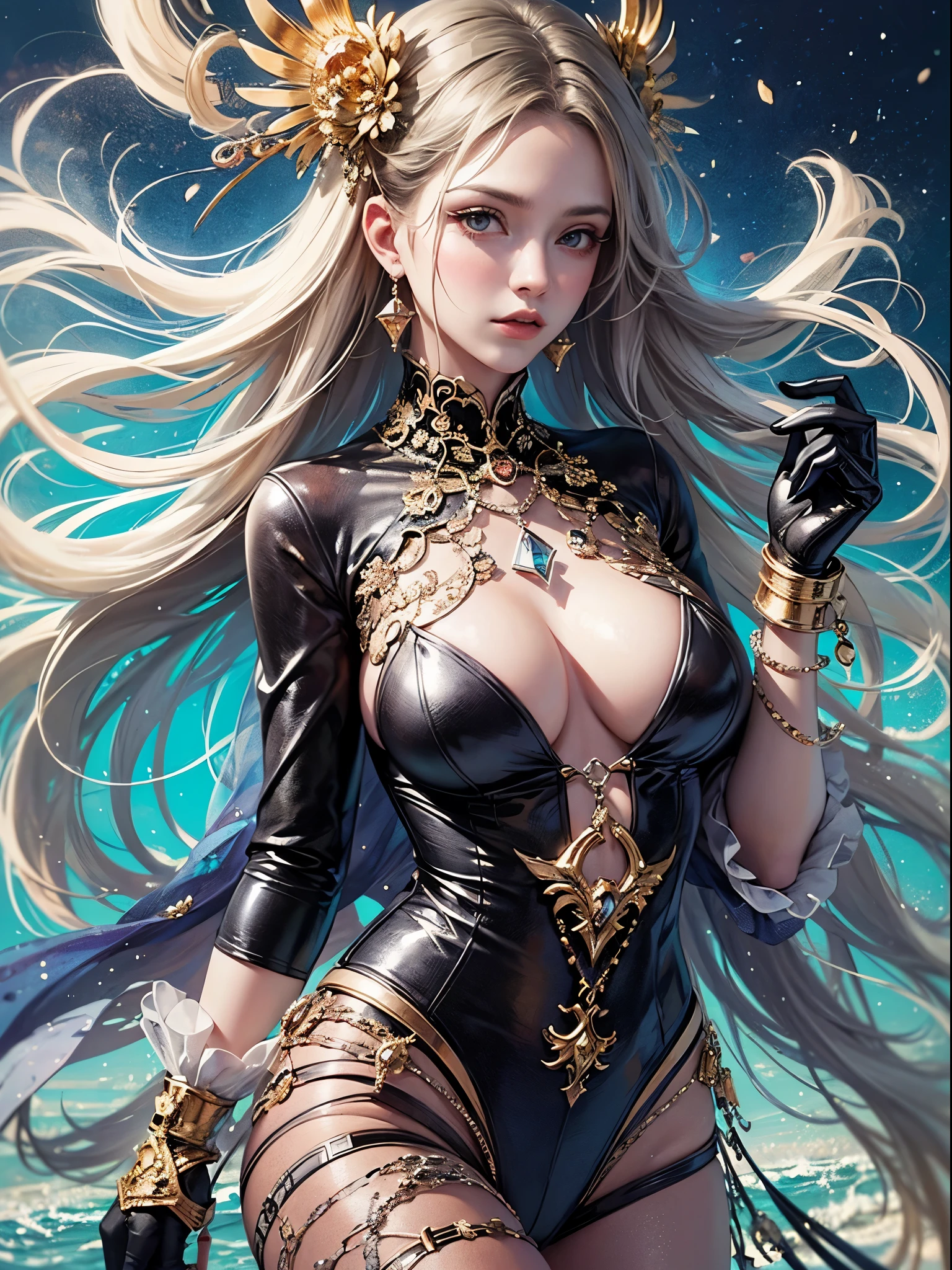 art, Unity 8k壁纸, Ultra-detailed, Beautiful and aesthetically pleasing, (s fractal art: 1.3), flower, girls, (Hairstyles: Long hair) Ocean, Extremely detailed, Cowboy shot, The most beautiful, Seafoam, Buble, cute big breasts, ultra quality, random background, random dress, --auto --s2