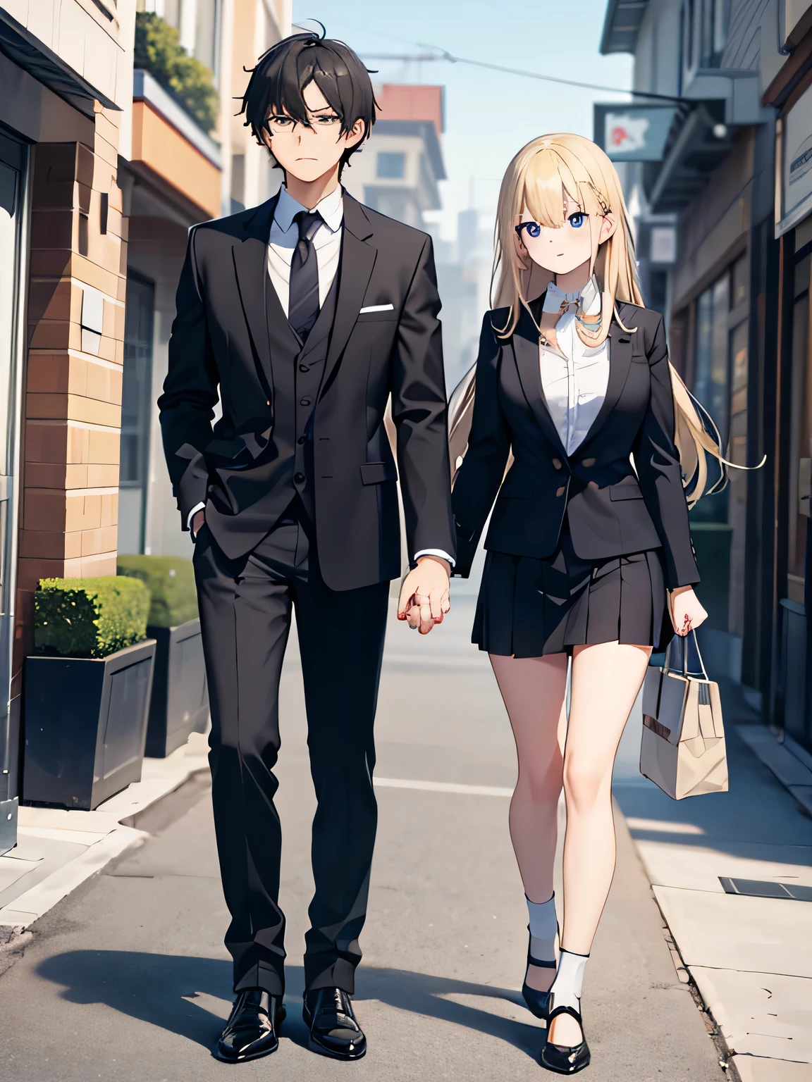1,man and woman walking hand in hand.
2, The woman is a delinquent high school student., Long Blond Hair, Mini skirt, No glasses.
3,The man is a teacher with shaggy black hair and a suit..
4,The location is on the way to school.