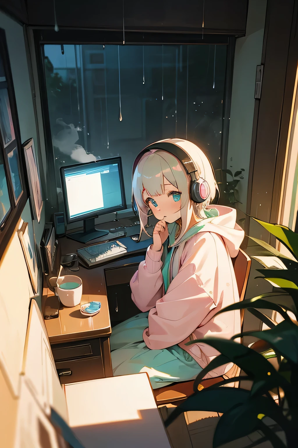 Best Quality, extremely detailed cute girl, Working on a PC , sitting at her desk, Wearing headphones, She is a hoodie who is immersed in her studies., Pastel colors, Surround her with elements that enhance a calm atmosphere, such as potted plants, a steaming cup of tea, The view outside where the rain is probably falling gently, Soft lighting