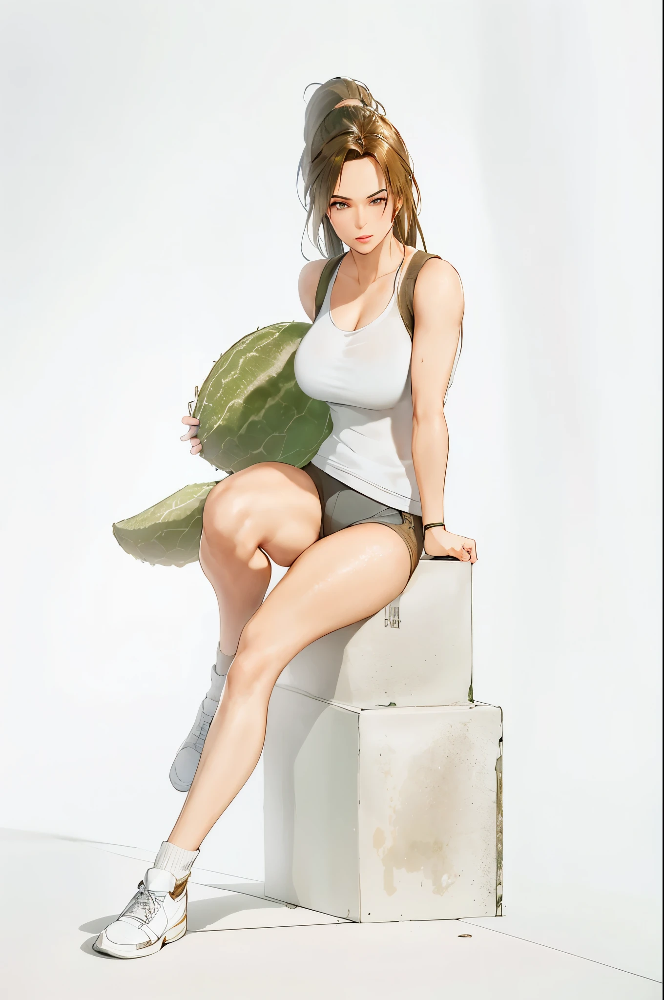 there is a woman sitting on the ground in the fog, lara croft relaxing, portrait of lara croft, tomb raider beautiful, lara croft, muscular sweat lara croft, lara croft eating durian, thinking pose, tomb raider setting, character is in her natural pose, hq artwork, tomb raider, quiet from metal gear solid, hd artwork, soft diffuse lighting