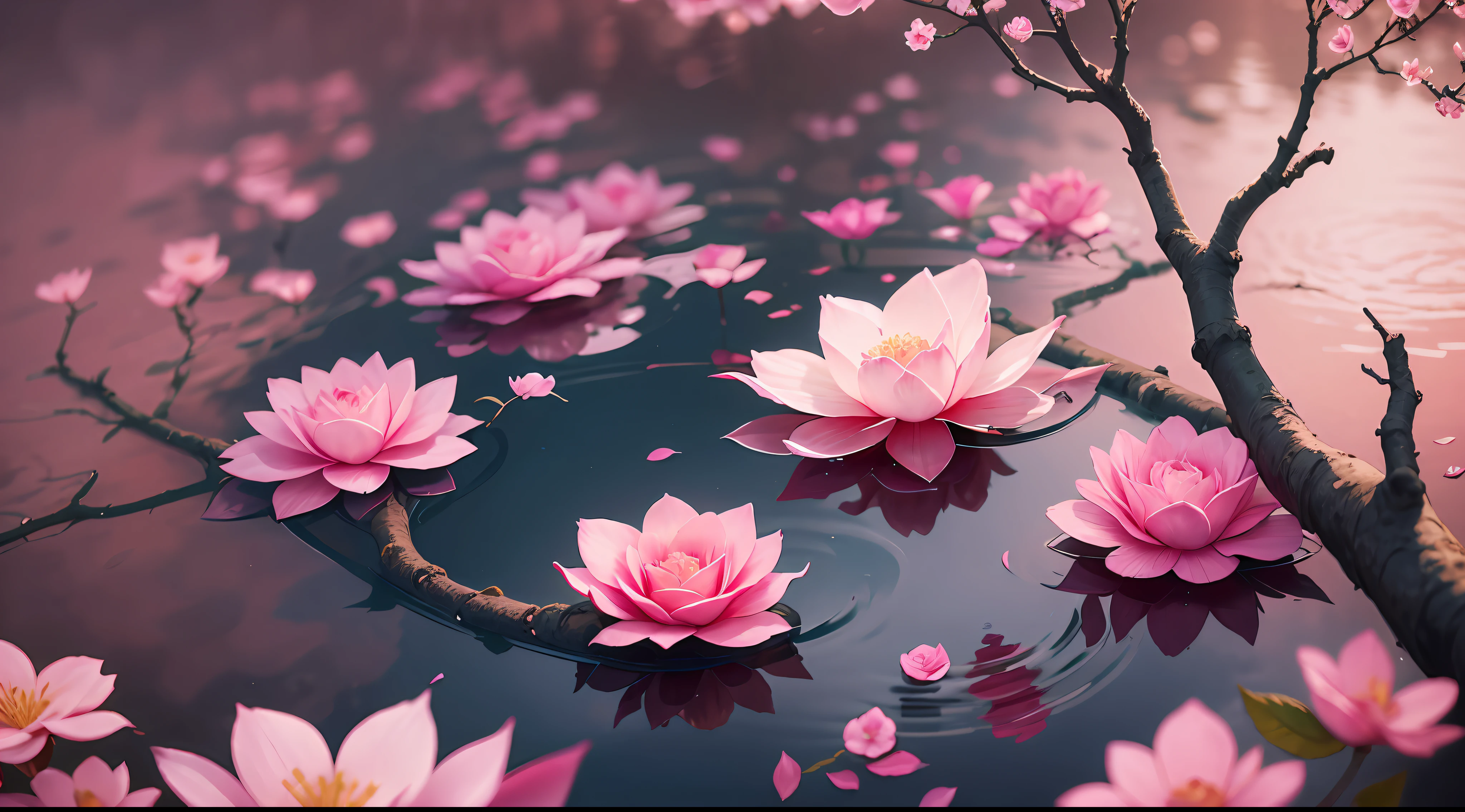 A rose hovering in the water,Image of a cherry tree with pink leaves with shimmering reflection behind it --auto --s2