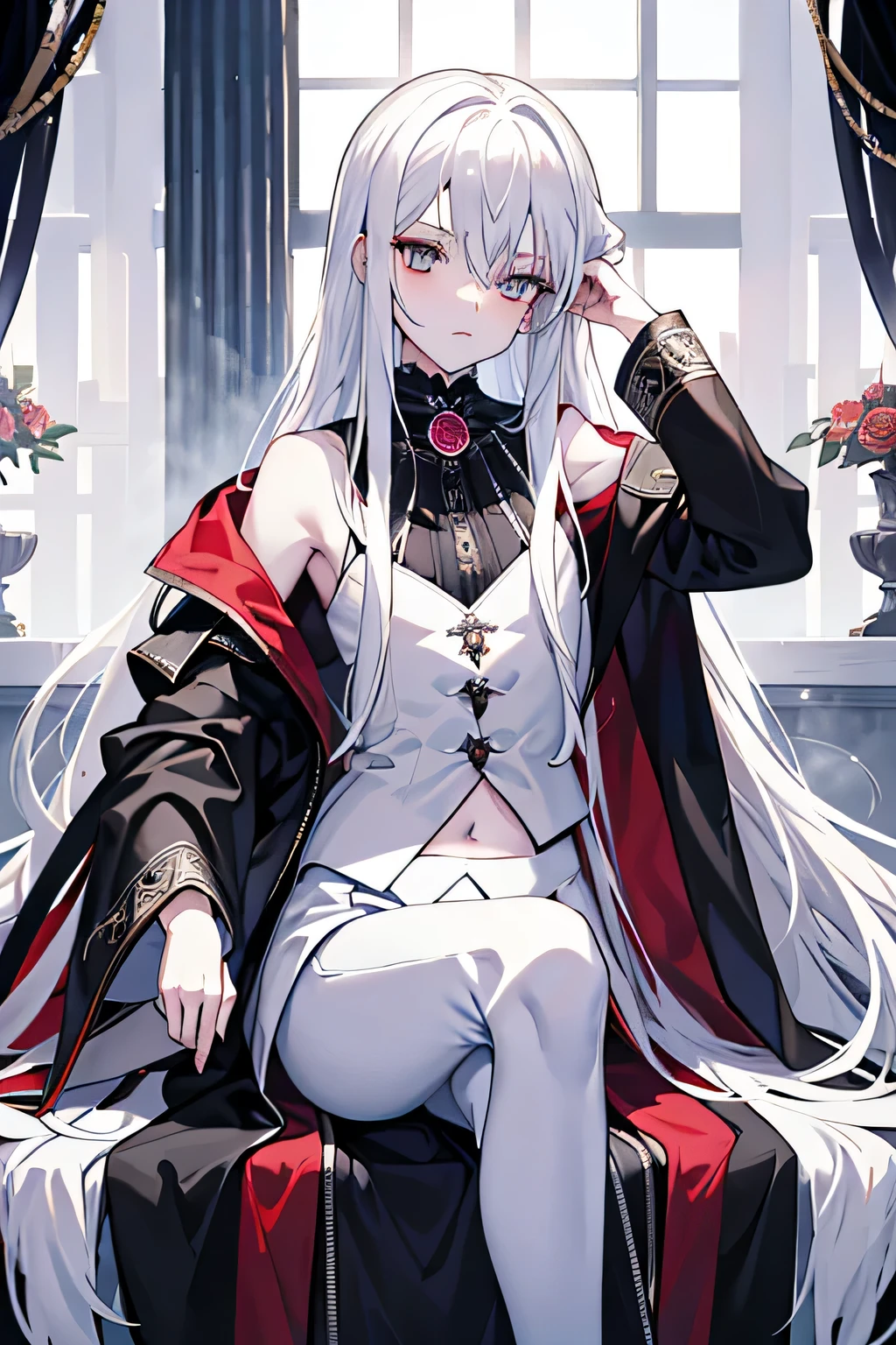 Rosaria magenta hair wears a form-fitting nun's habit consisting of a long white and black coif with red lining, a white sleeveless turtleneck top, long white gloves, and a long black and red slit skirt that partially reveals her right leg and completely reveals her left. She wears black belts around her left thigh, along with black fishnet tights and silver high-heels.
Rosaria's outfit is adorned with multiple silver and white gold accessories embedded with red gems; including a silver tiara on top of her coif, a silver pendant on her white top, a white gold brooch on her left shoulder and left hip, multiple silver claw rings on her fingers and a small silver censer tied to her right wrist with a long piece of black cloth. Her Cryo Vision hangs off of her waist on her lower back. SPARKLE; GLITTER