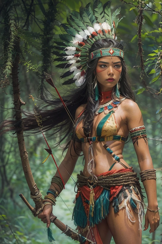 A masterpiece of a photorealistic portrait ((seductive Native American elf)). She wears a tight short dress made of brown animal skins, fur shoes, and a blue beaded necklace and bracelets. (((native American))), 1 woman, curves, thin waist. Her hair is long cascading black, dark skin, well detailed brown eyes. She has a beautiful feminine face, well-defined smile, full red lips. high cheekbones, feminine jaw. running through a forest, jumping fallen trees. Point of view from one side. Smooth, shiny skin, bouncing breasts. good hands, detailed hands, adequate number of fingers. This image evokes the freedom and strength of the Indian, Native American tribes, leaving the viewer immersed in the image. A professional photographic work with wide angle, real and detailed lights and shadows. great detail of textures in all the details clear image