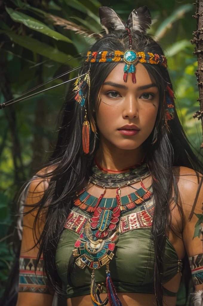 A young woman of radiant beauty, the most beautiful cabocla jurema in the world, , indigenous, with feathers on her head, long straight hair falling over her shoulders, ((magnetic green eyes)), ((square face and hollow chin)) , ((strong expression of a warrior woman)), sexy and sensual, indigenous body paintings, body and beauty of a Goddess, half naked ((wearing wild animal skin)), ((with bow and arrows on her back)),( (in the background a sacred temple in the middle of a forest on a full moon night))
