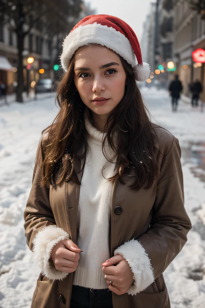 professional portrait photograph of a gorgeous Norwegian girl in winter clothing with long brunette hair, sultry flirty look, gorgeous symmetrical face, cute natural makeup, wearing elegant warm winter fashion clothing, ((standing outside in snowy city street in Paris with Christmas tree)), stunning modern environment, ultra realistic, concept art, elegant, highly detailed, intricate, sharp focus, depth of field, f/1. 8, 85mm, medium shot, mid shot, (((professionally color graded))), bright soft diffused light, (volumetric fog), trending on instagram, hdr 4k, 8k