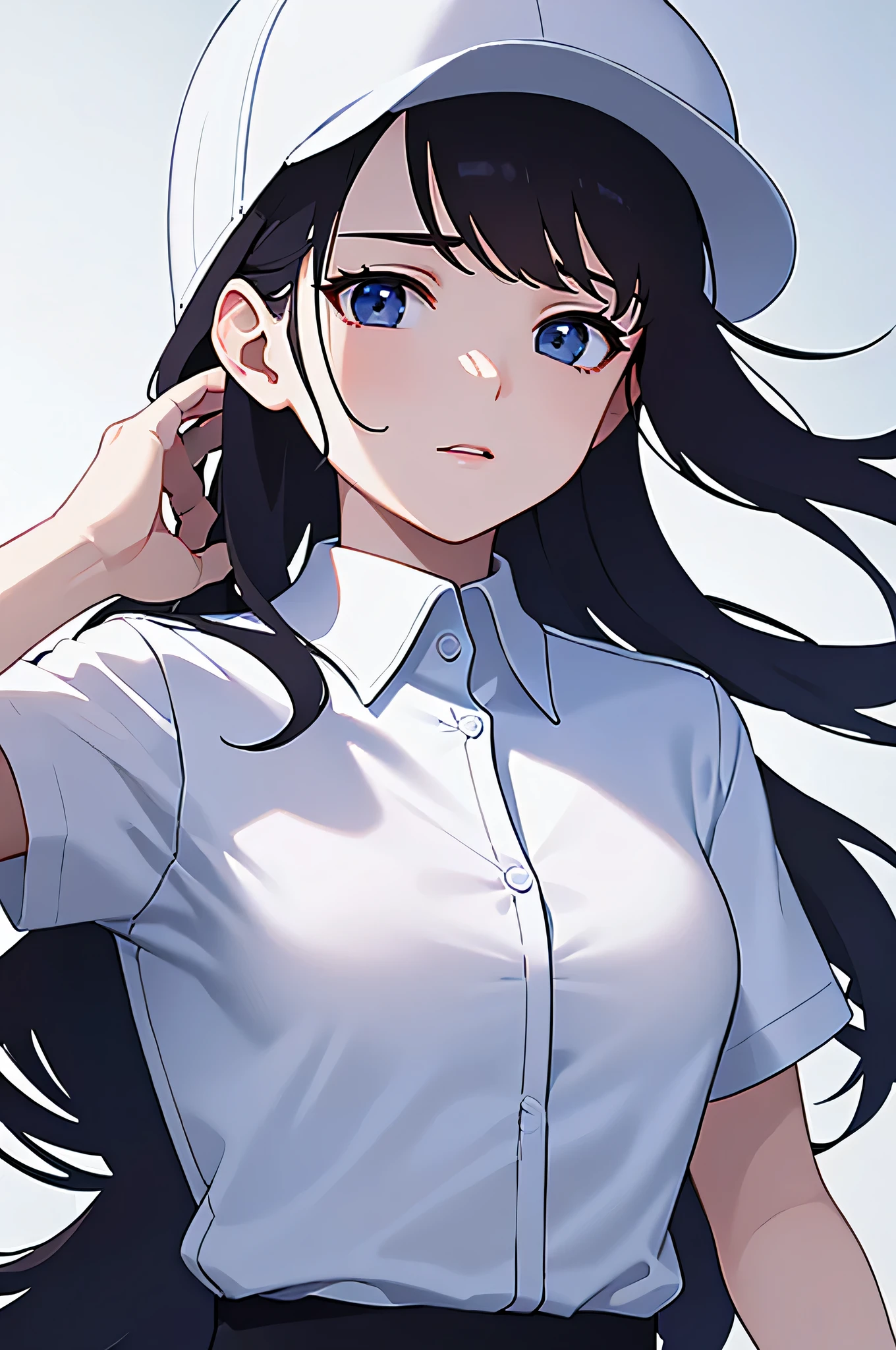 ((best quality)), (masterpiece), woman, matured woman, solo, small breast, white clothing, employe, (white panel cap:1.5), tight white collar shirt with single buttons, tucked in, short sleeves, close up, face, front shot, looking at the camera, anime art, fan art, high resolution, 4k, less detailed