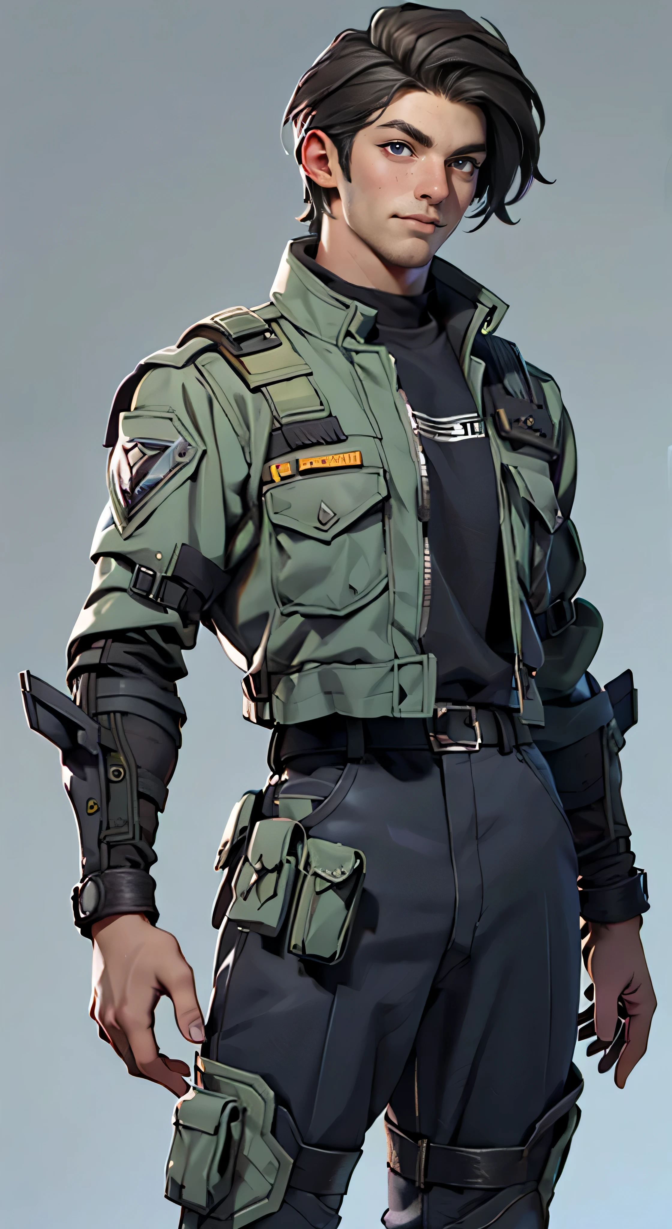 11:23(((Best quality at best: 1.4))),(Unbeatable masterpiece), (hyper HD),(Hyper-realistic 8k CG)、（dark colored hair） ((( body))), (((1 young person))),35-year-old American soldier with perfect body,,delicated face,muscular body:1.2,Solid royal gray jacket with details, (Pictures from head to thighs)， Complex equipment, Dark purple coat，long trousers，The clothes inside are dark，Clothes with metal technical parts,Tech Armor )