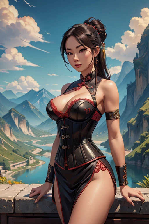 sexy beautiful woman in a corset, Ancient Chinese scenery, mountains, rivers, auspicious clouds, sunshine, masterpieces, super detail, epic composition, ultra HD, high quality, extremely detailed, official art, unified 8k wallpaper, Super detail, 32k -- v 6