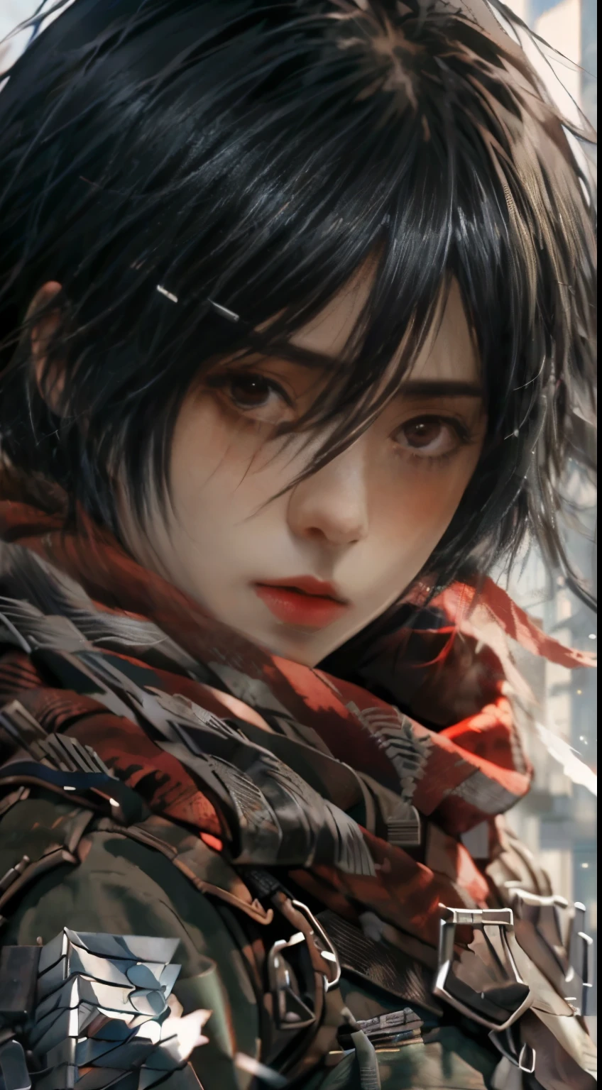 anime, a girl with a red scarf and a gun in her hand, stunning anime face portrait, portrait of eren yeager, eren yeager, 4k anime wallpaper, detailed digital anime art, detailed anime artwork, beautiful anime portrait, mikasa ackerman, clean detailed anime art, anime style 4 k, badass anime 8 k, anime wallpaper 4k,Attack on Titan heroine Mikasa Ackerman,with short black hair,Short hair,warrior combat uniform,black color hair,Short hair