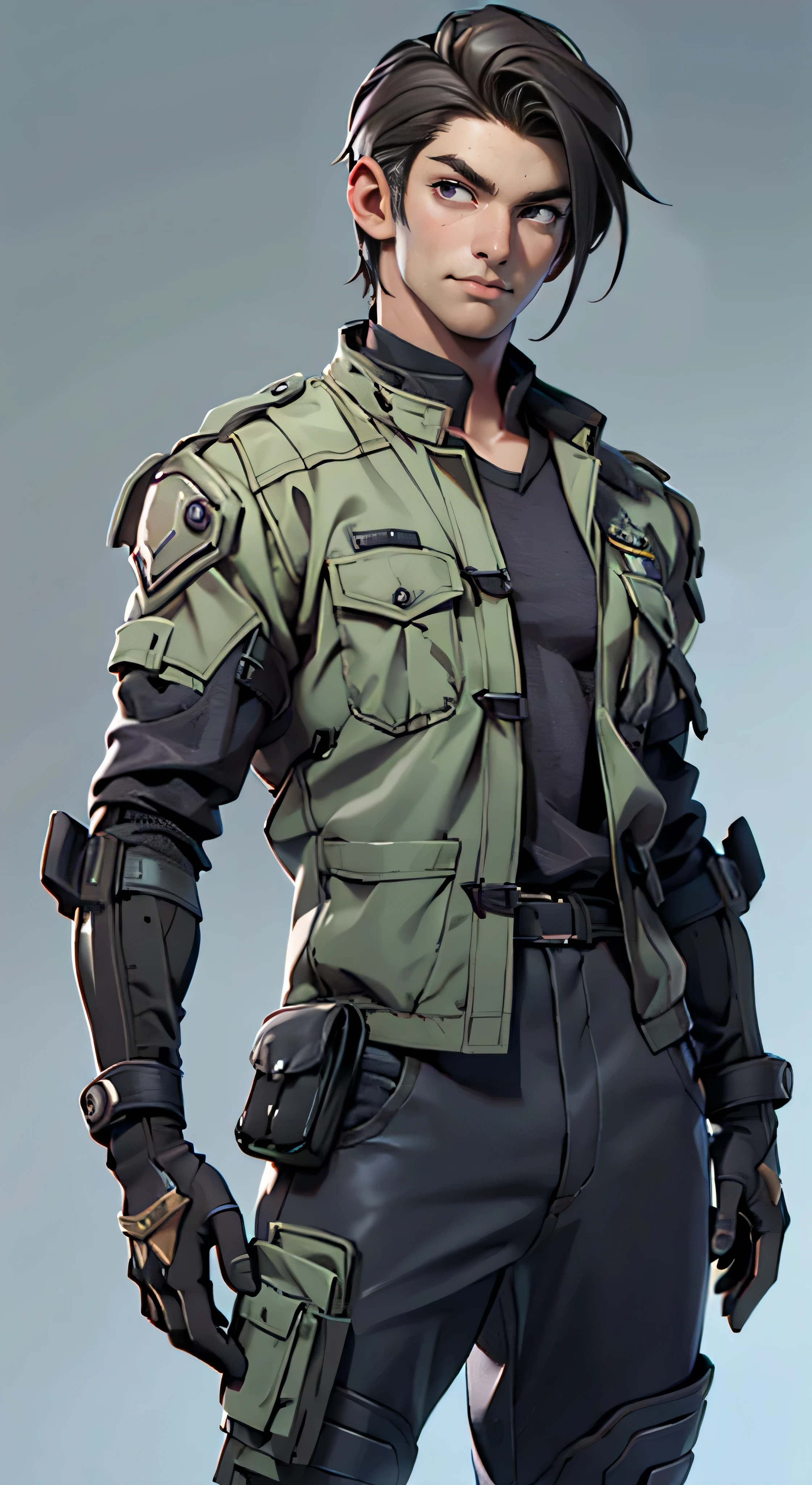 11:23(((Best quality at best: 1.4))),(Unbeatable masterpiece), (hyper HD),(Hyper-realistic 8k CG)、(dark colored hair) ((( body))), (((ung person))),35-year-old American soldier with perfect body,,delicated face,muscular body:1.2,Solid royal gray jacket with details, (Pictures from head to thighs), Complex equipment, Dark purple coat,long trousers,The clothes inside are dark,Clothes with metal technical parts,Tech Armor )