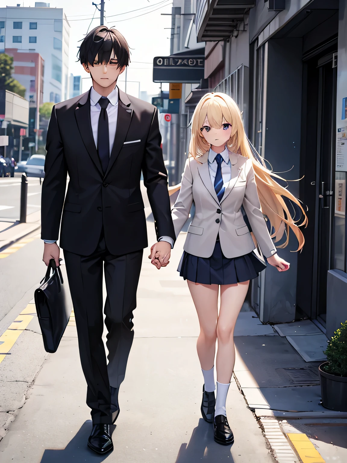 1,man and woman walking hand in hand.
2, The woman is a delinquent high school student., Long Blond Hair, Mini skirt, No glasses.
3,The man is a teacher with shaggy black hair and a suit..
4,The location is on the way to school.