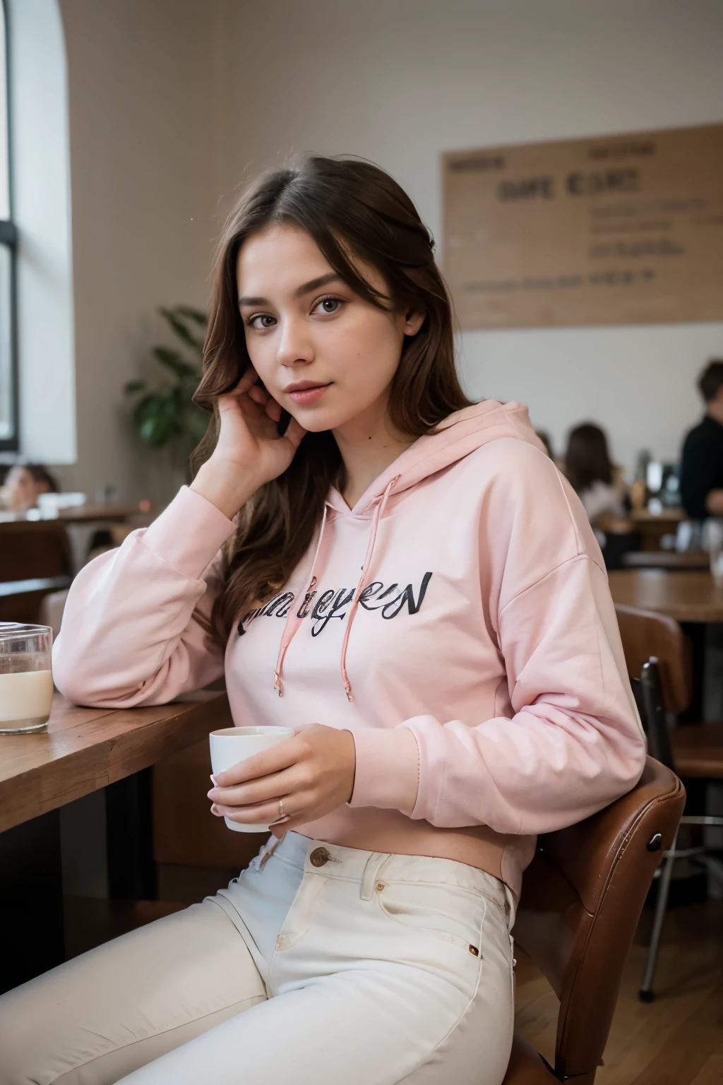 ((best quality)), ((masterpiece)), (detailed), perfect face, a girl sitting on a chair in a cafe drinking coffee, wearing pink hoodie and white jeans, perfect bg blur, cinematic lighting, 8k ultra resolution, hyper realistic quality, led glow blur in background