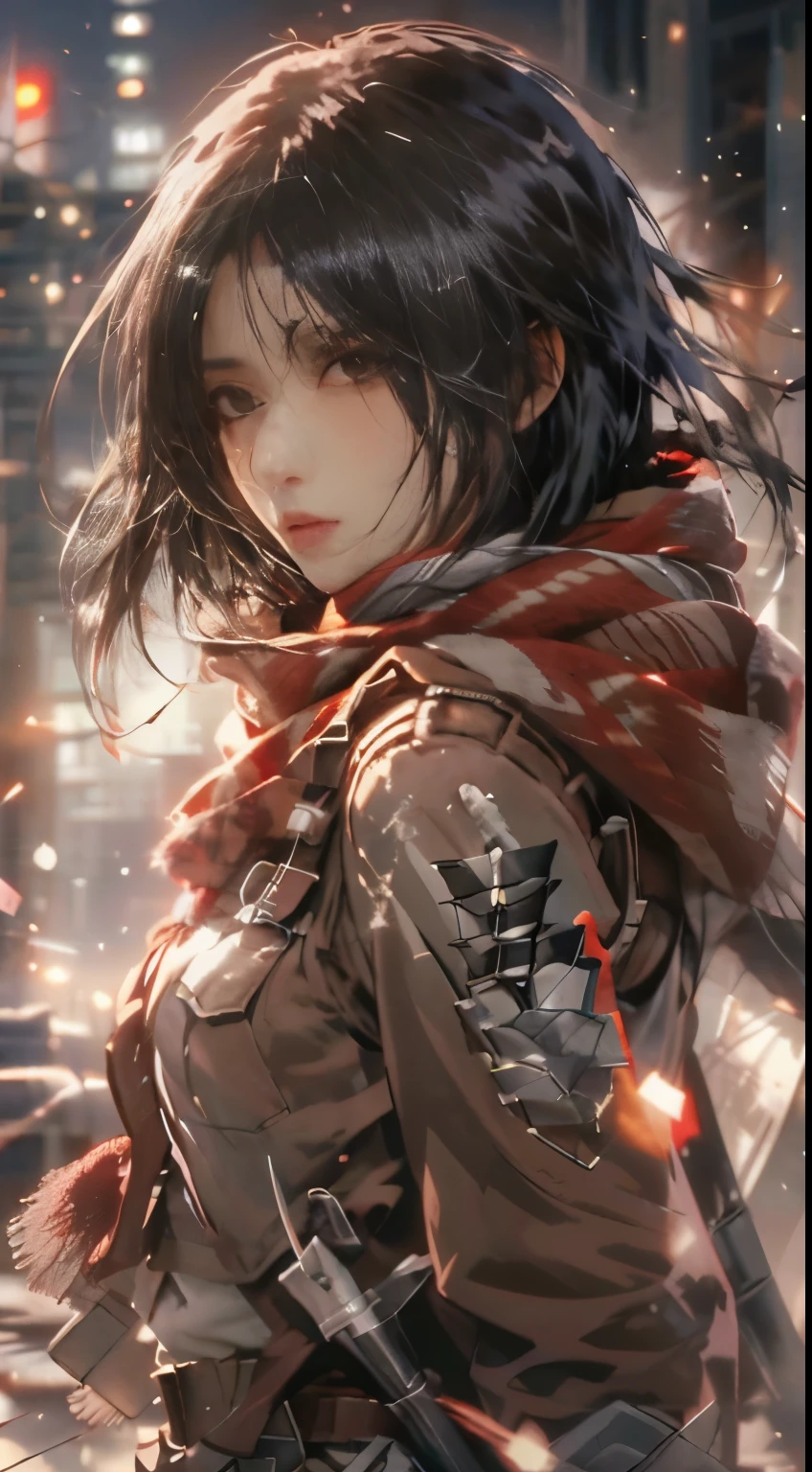 anime girl with long hair and scarf standing in front of a city, extremely detailed artgerm, 4 k manga wallpaper, anime wallpaper 4 k, anime wallpaper 4k, 4k anime wallpaper, anime art wallpaper 4 k, anime art wallpaper 4k, female protagonist 👀 :8, anime art wallpaper 8 k, from attack on titan，Attack on Titan heroine Mikasa Ackerman，with short black hair，Short hair，warrior combat uniform，black color hair，Short hair