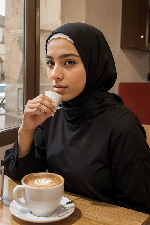 Fille beurette marocaine , hijab prend cafe