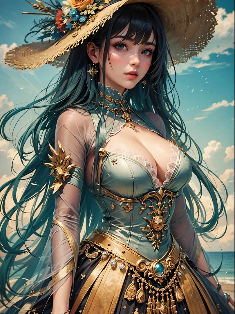 art, Unity 8k壁纸, Ultra-detailed, Beautiful and aesthetically pleasing, (s fractal art: 1.3), flower, girls, (Hairstyles: Long hair) Ocean, Extremely detailed, Cowboy shot, The most beautiful, Seafoam, Buble, cute big breasts, ultra quality, random background, random dress, --auto --s2